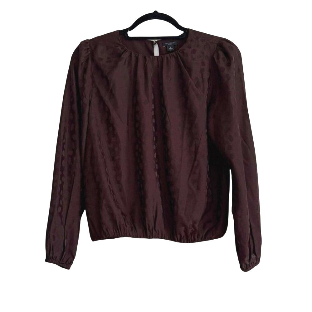 Ann Taylor Petite‎ SP Brown Jacquard Dot Blouse Long Sleeve Officecore Work